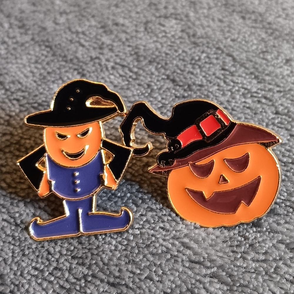 Halloween Pumpkin Metal Enamel Pins Set Of 2, Fall Jacket & Backpack Brooch Set